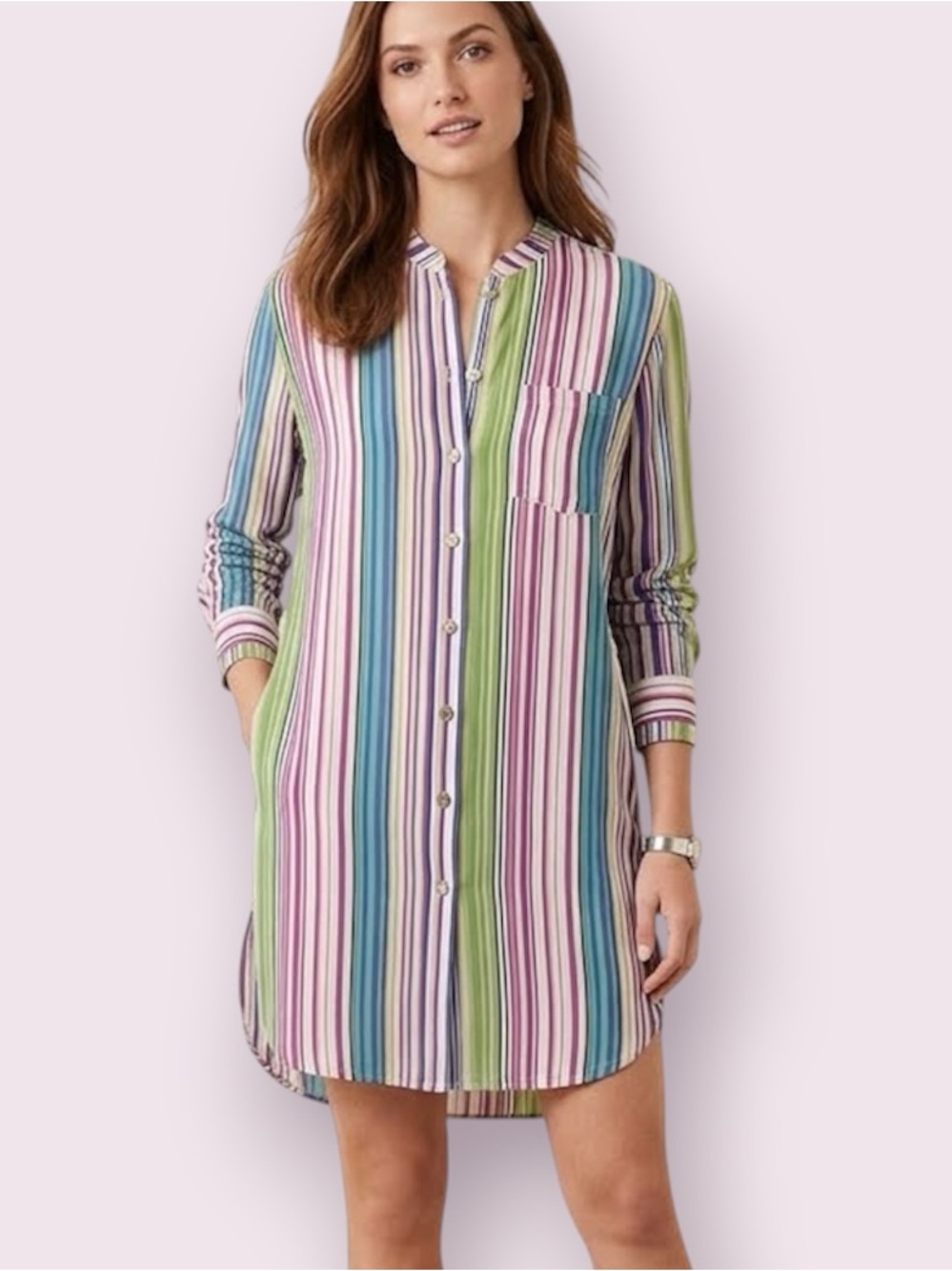 Chico’s Linen Striped Tunic Button Up Shirt Dress Lagenlook Size Medium